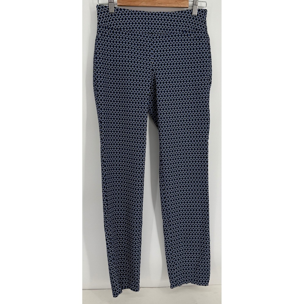 Charter Club Cambridge Slim Pants Womens Navy Blue Geometric Diamond Print Sz 4